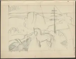 Landskap med hest [Tegning]
