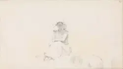 Sittende kvinne i landskap [Tegning]