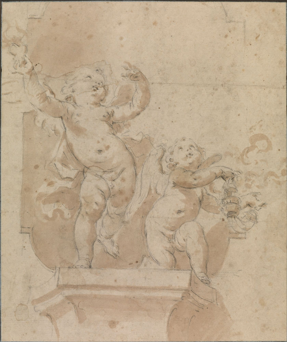 Lekende putti på kapitel [Tegning]
