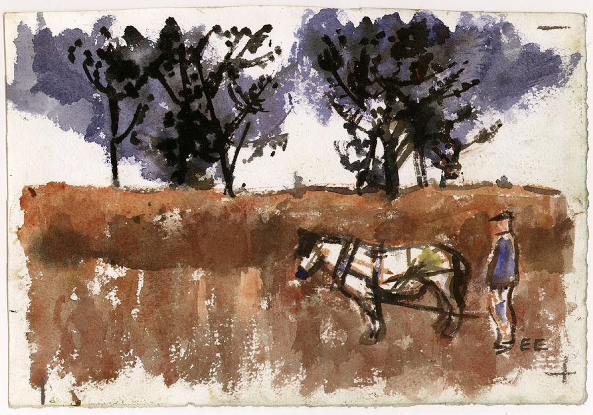 Landskap med hest og kar [Tegning]