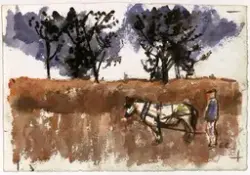 Landskap med hest og kar [Tegning]