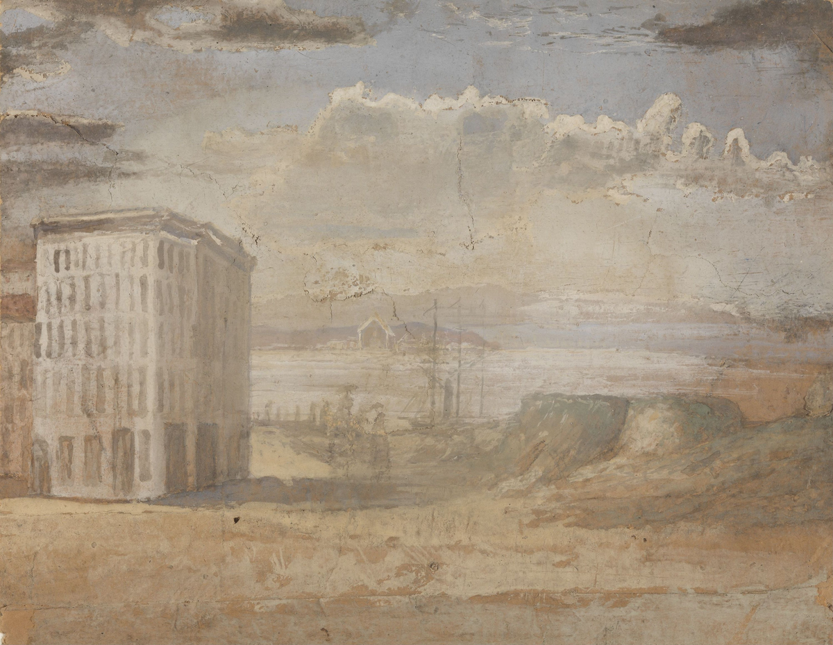 Femetasjes hus ved stranden [Tegning]