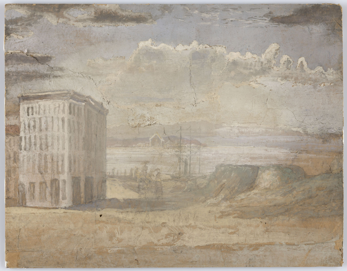 Femetasjes hus ved stranden [Tegning]