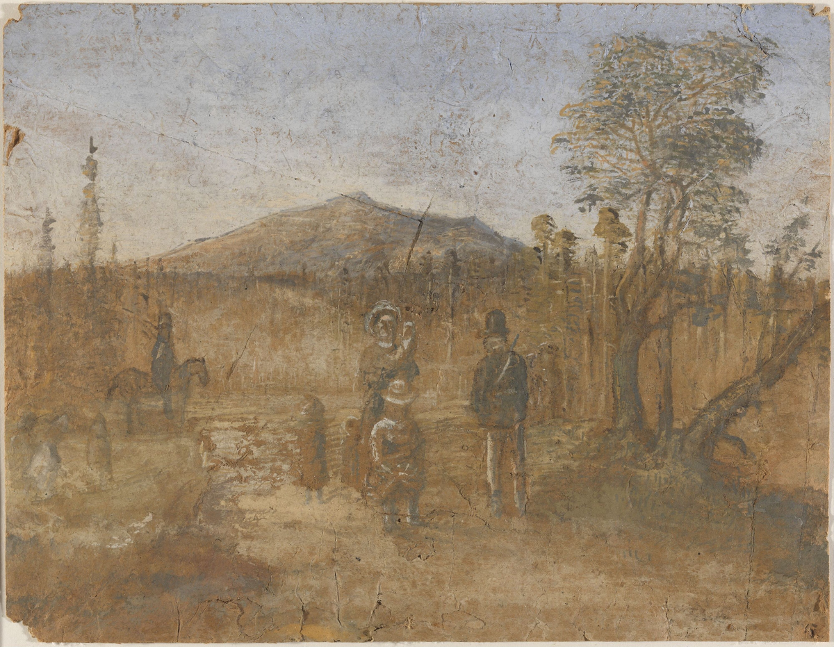 Landskap med figurer [Tegning]