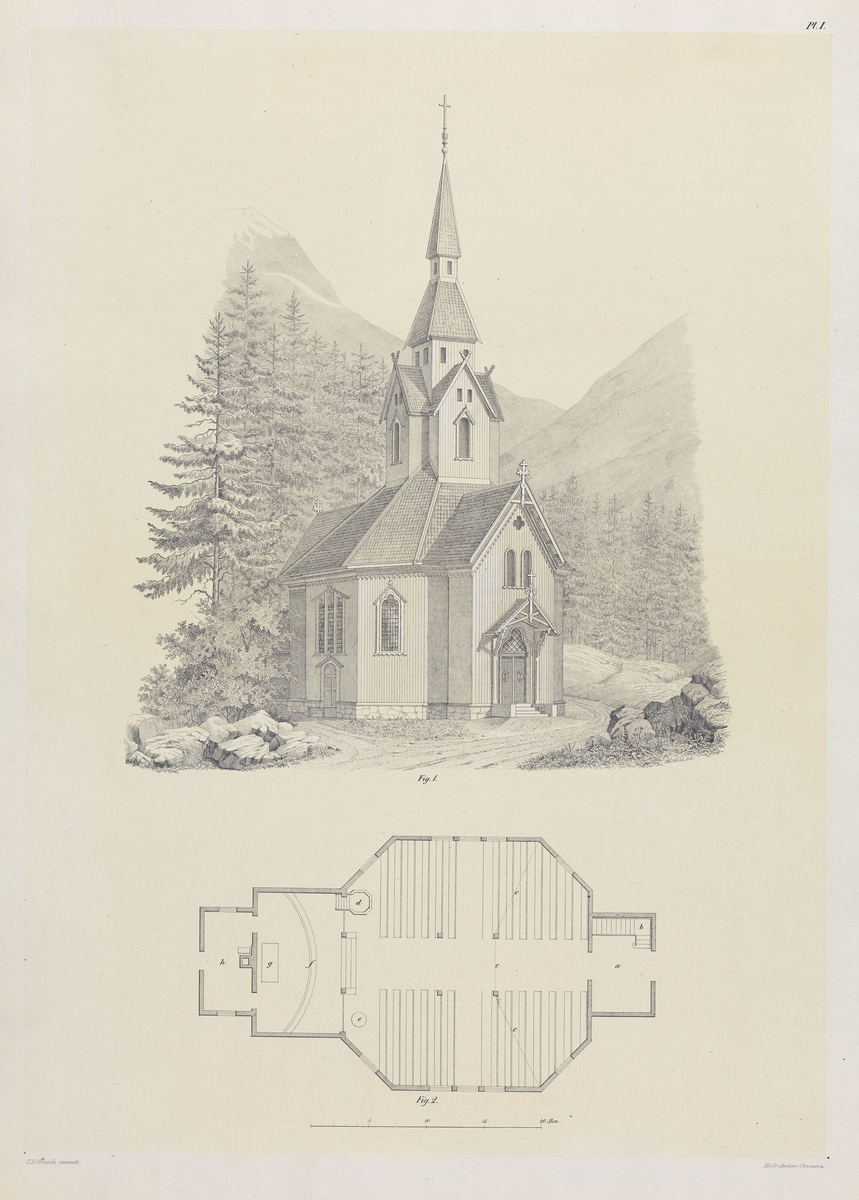 Utkast til trekirke med plass til 396 mennesker [Grafikk]