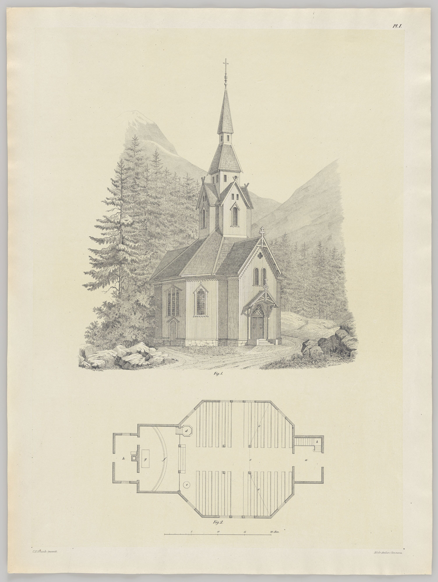 Utkast til trekirke med plass til 396 mennesker [Grafikk]