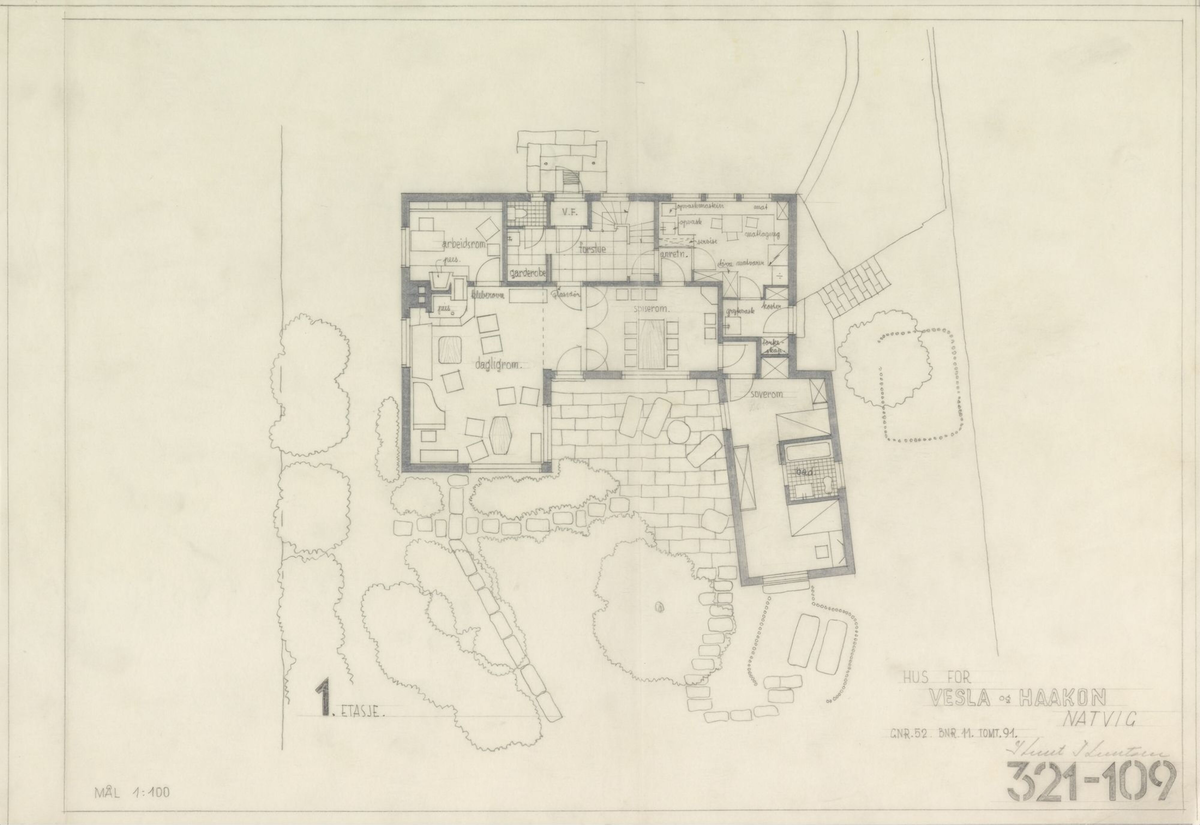 Villa Natvig, utkast til plan av 1. etasje [Plantegning]