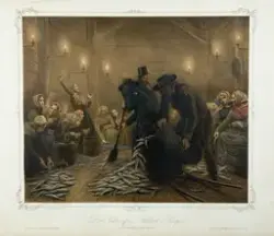 Det indre av en sildebod i Bergen [Grafikk]