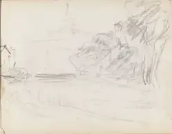 Landskap med trær, elv og del av bygning [Tegning]