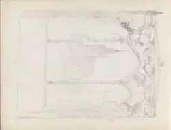 Utkast til illustrasjon med kirke [Tegning]