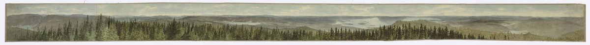 Panoramautsikt over Nordmarka, Frognerseteren, Christiania og Østmarka sett fra Tryvannshøyden [Tegning]