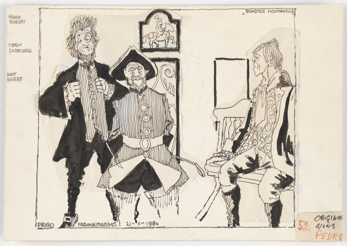 Frank Robert, Espen Skjønberg og Knut Husebø i "Erasmus Montanus", Nationaltheatret [Tegning]