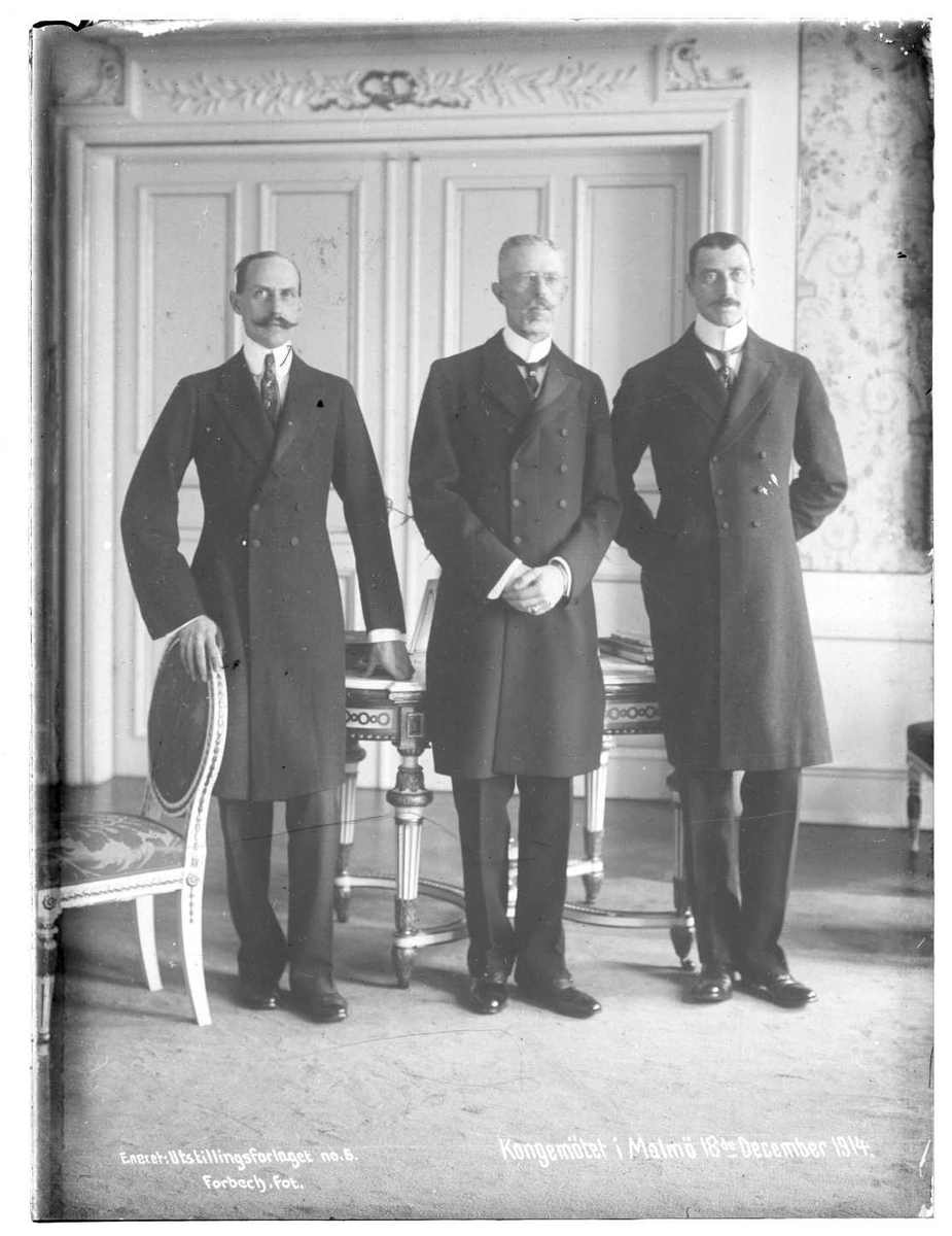 Tre menn i mørke jakker står side om side i et rom. Fra venstre mot høyre: Kong Haakon V av Norge, kong Gustav V av Sverige og kong Christian X av Danmark. I bakgrunnen er det en dobbel dør og mønstret tapet.