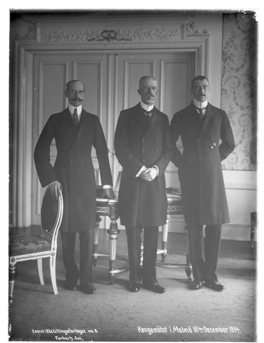 Tre menn i mørke jakker står side om side i et rom. Fra venstre mot høyre: Kong Haakon V av Norge, kong Gustav V av Sverige og kong Christian X av Danmark. I bakgrunnen er det en dobbel dør og mønstret tapet.