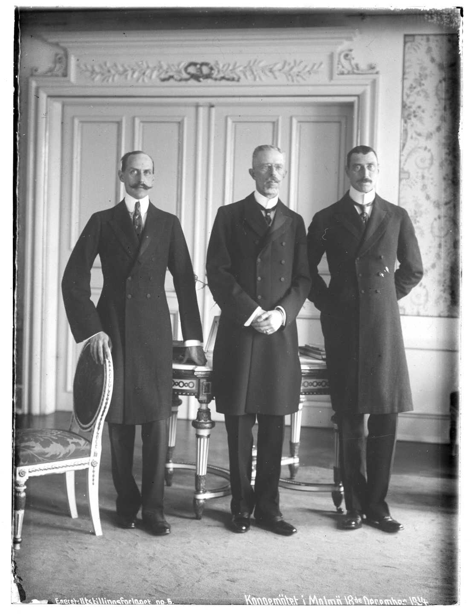 Tre menn i mørke jakker står side om side i et rom. Fra venstre mot høyre: Kong Haakon V av Norge, kong Gustav V av Sverige og kong Christian X av Danmark. I bakgrunnen er det en dobbel dør og mønstret tapet.