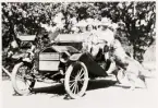 Kronolänsman Ernst Kjellerstedt med familj, Älghult, i öppen bil, har stannat till för att hälsa på en S:t Bernhardshund.
Ca 1915.