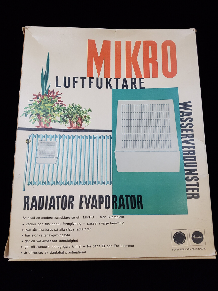 Titel: Luftfuktaren MICRO
Kategori: Övrigt
Plast: Styrénplast
Färger: Grå
Artnr: 4220