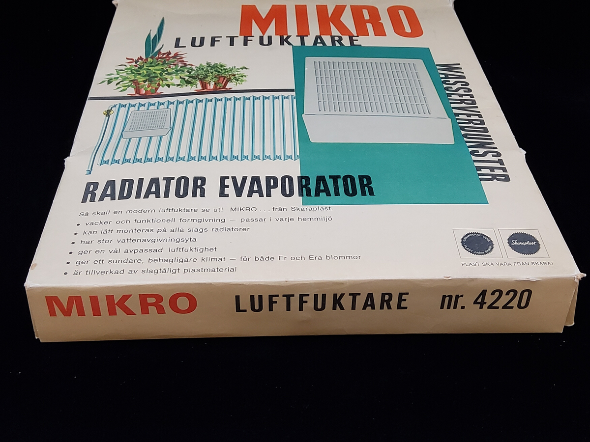 Titel: Luftfuktaren MICRO
Kategori: Övrigt
Plast: Styrénplast
Färger: Grå
Artnr: 4220