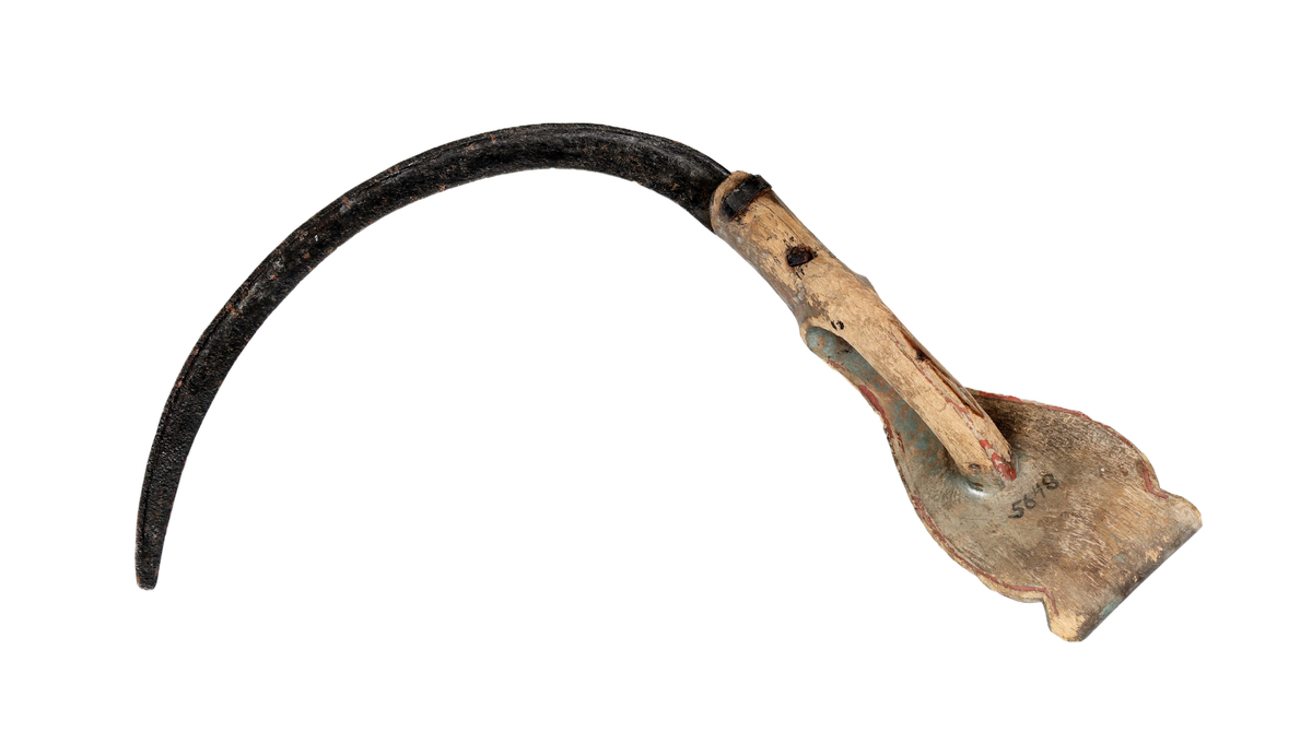 Böjt blad av järn fastnitat utanpå skaftet. Skaft av trä i ett stycke med bygelhandtag och böjd ändplatta. Skyddsplattan vidgar sig uppåt hjärtformigt samt har inskuret hjärta och en ros. Två hjärtan inskurna på vardera sidan vid bladets fäste. Målad i blå oljefärg med kantmålning i rött.

Äldre historik:
En skära är ett verktyg som man skär av säd med. Den är halvcirkelformad med eggen på cirkelbågens insida. Radiellt utåt från cirkelbågens ena ände finns ett handtag, som kan vara av trä. Skäran hålls i den ena handen, och med den andra handen samlar man ihop ett knippe strån som man sedan skär av med skäran. (Wikipedia)