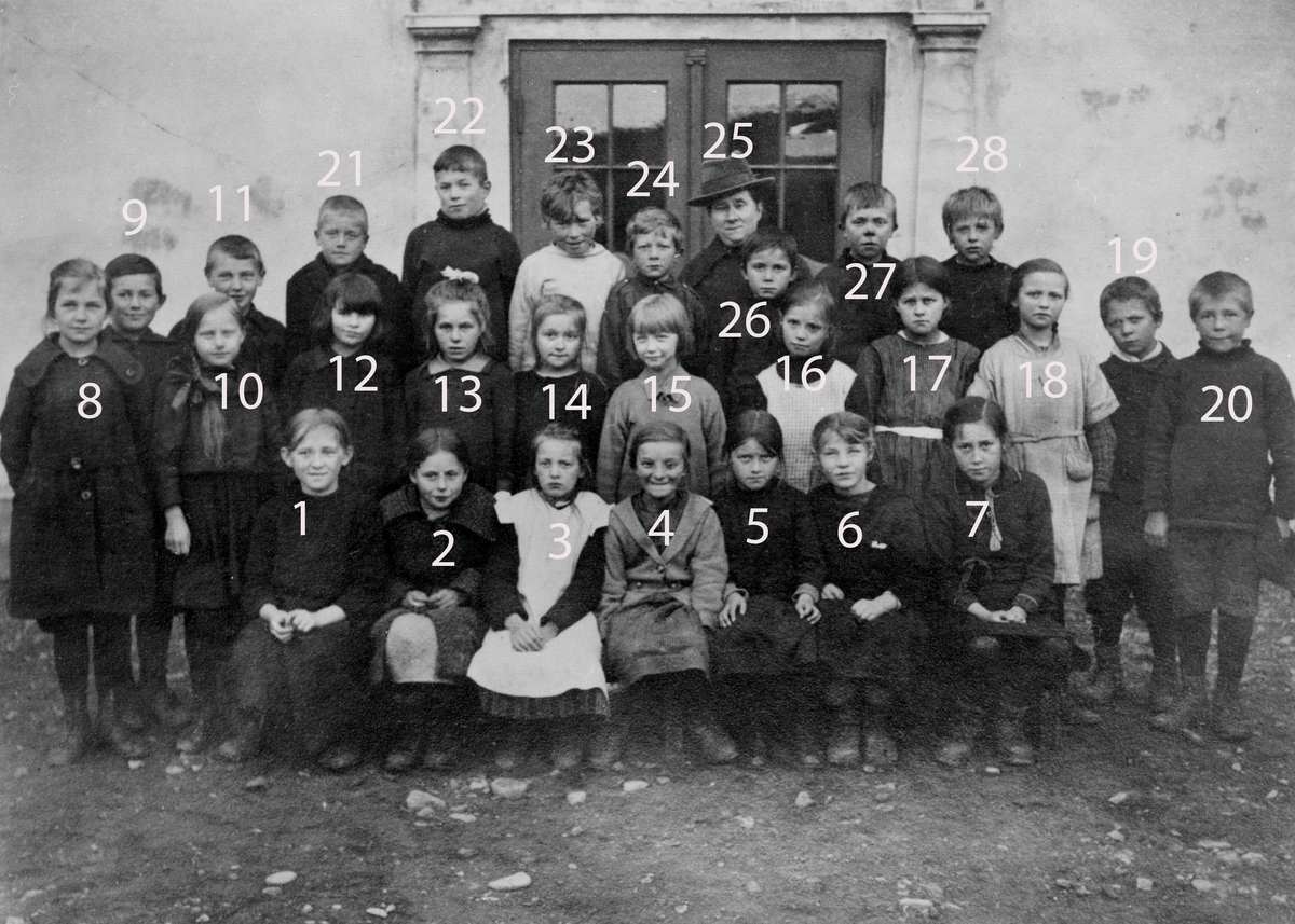 Emilie Henriksen har fotografert 3. klasse utenfor Folkeskolen i Vadsø i skoleåret 1923/1924. Alle født i 1913-1914. Lærer er Elen Sofie Vinjevold. 

Navnene på elevene i klassen:
1. Agnes Everine Niemi 2. Astrid Emilie Bohinen 3. Astrid Oline Bardosen 4. Marie Mildrid Methi 5. Astrid Gundersen 6. Thora Agnete Dahl 7. Laila Dahl 8. Gjertrud Kjeldsen 9. Knut Jarl Sælø 10. Hedley Ballo 11. Erling Grønvigh 12. Gjertrud Evanger 13. Aagot Svendsen 14. Olga Wara 15. Minka Henriksen 16. Aagot Ragnhild Ristimella 17. Maud Helene Konstanse Ebeltoft 18. Anna Petrine Hansen 19. Lauritz Nilsen 20. Alf Erling Holmgren 21. Harald Fritjof Methi 22. Halvdan Leonard Jankila 23. Erling Marius Fredriksen 24. Leif Konrad Pedersen 25. Elen Sofie Vinjevold (lærerinnen) 26. Bernhard Ranta Isojærvi 27. Anton Adolf Kandola 28. Arnulf Lockert Aronsen. 
