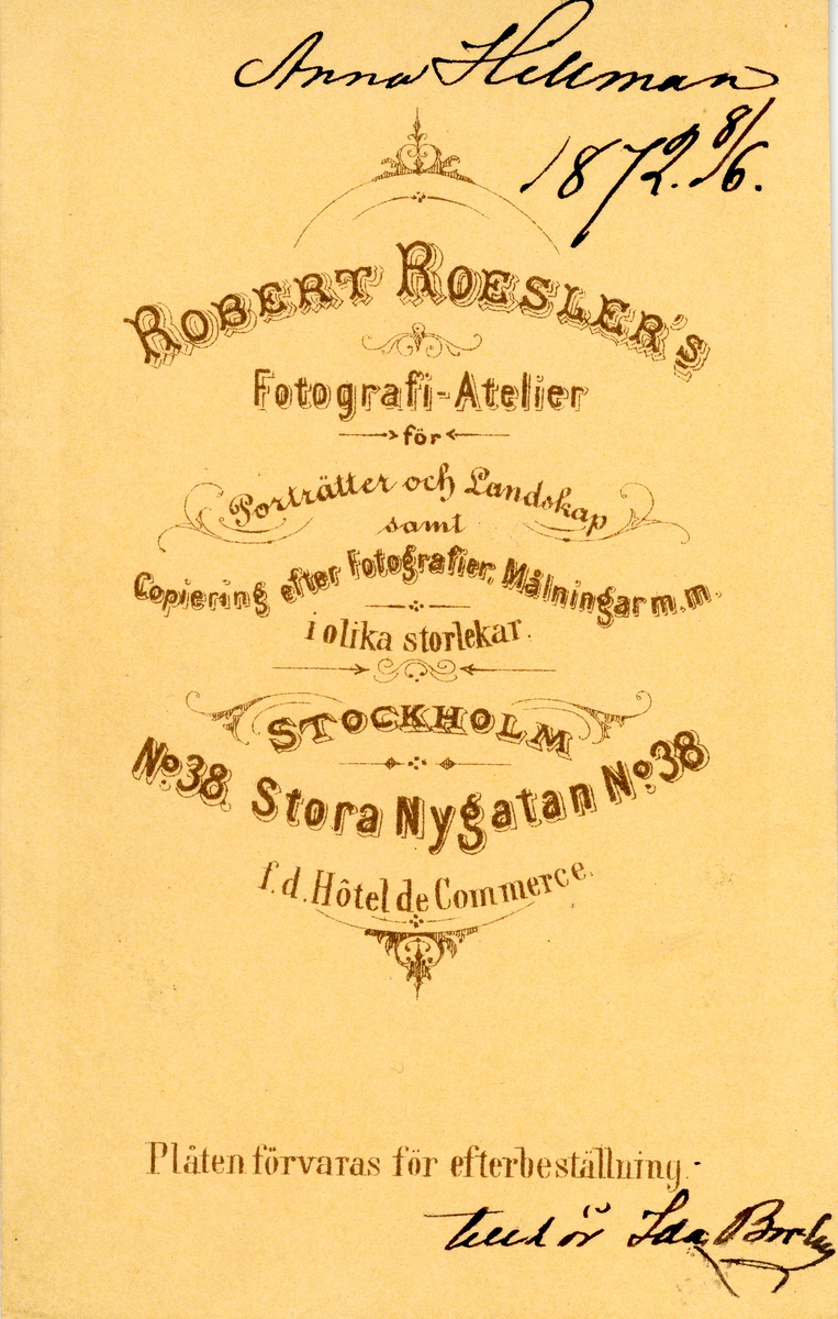 Porträtt av Anna Hillman, född enligt bild 8/6 1872. Tillhör Ida Brolin (1850-1912), eventuellt kusin till Anna.
