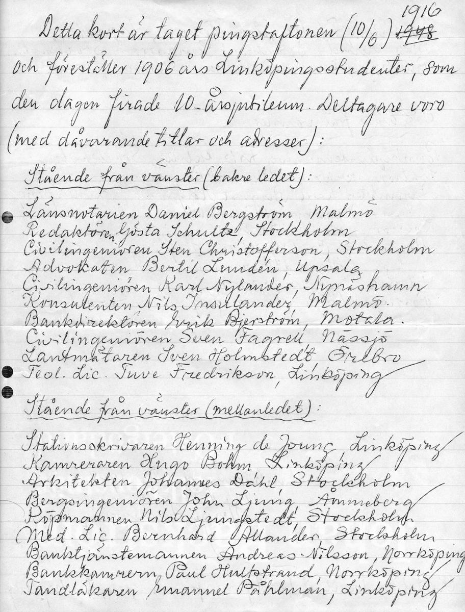 1906 års Linköpingsstudenter samlade för fotografering i Trädgårdsföreningen med anledning av deras 10-årsminne av studenten. Sittande ses även några av deras lärare.
