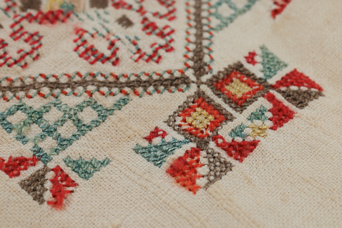 Hvit mannsskjorte med flerfarget broderi som dekor på krave og lengs halssplitt.