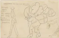 Karikatur av to menn og fantasidyr [Tegning]