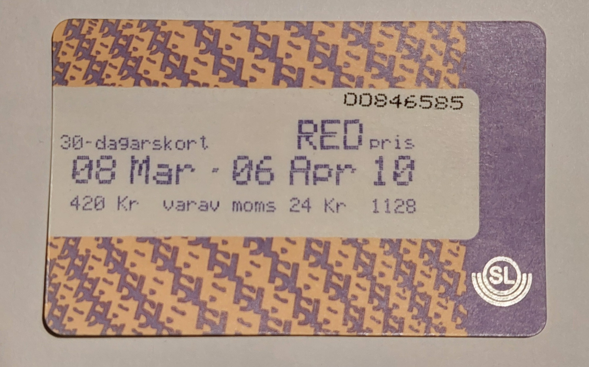 30-dagarskort för perioden 8/3-6/4 2010. Pris 420 kr. Rutan med uppgift om kortets ägare är inte ifylld.