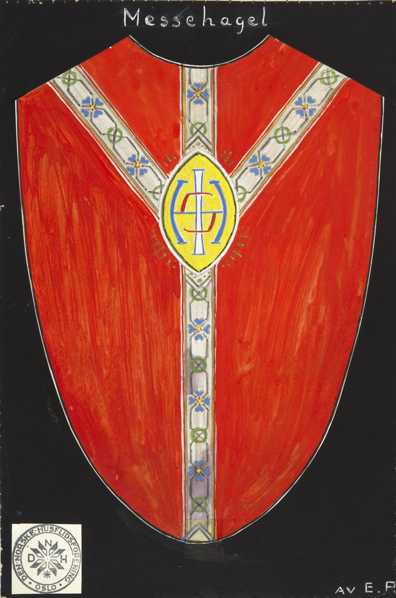 Messehagel. Skisse fra Den norske husflidsforenings mønstersamling. Kunstner Else Poulsson. Mønster nr. 128.
