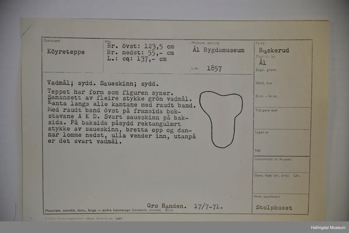 Teppet er samansett av fleire stykke grøn vadmål. Kanta langs alle kantane med raudt band. Svart saueskinn på baksida. På baksida påsydd rektangulært stykke saueskinn, bretta opp og dannar lomme nedst, ulla vender inn, utanpå svart vadmål.