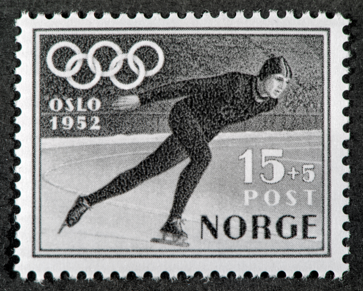 Oslo, Vinterolympiaden 1952, frimerke med motiv av en skøyteløper, Norge 15+5 øre,