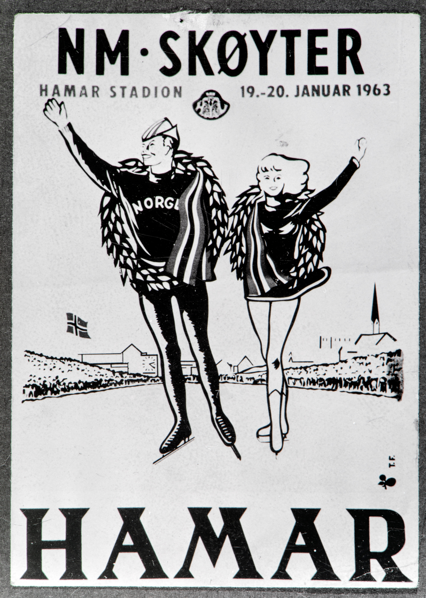 Hamar, plakat for Norgesmesterskap på Skøyter 1963, 19. og 20. januar på Hamar Stadion, NM på skøyter 1963, arrangert av Hamar Idrettslag HIL,