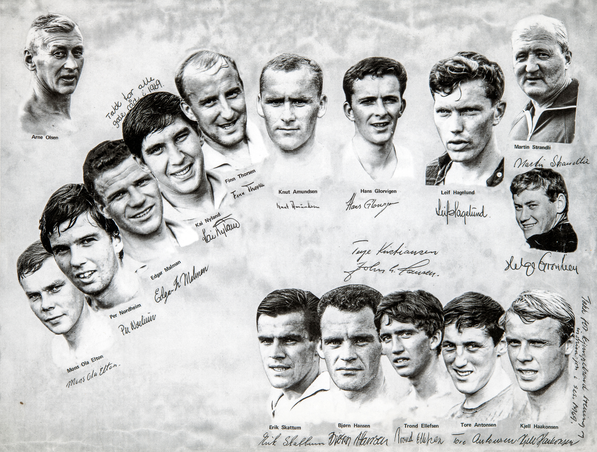 Hamar, Hamarkameratene Hamkam, fotomontasje fotballaget 1969. Erik Skattum, Bjørn Hansen, Trond Ellefsen, Tore Antonsen, Kjell Haakonsen, Mons Ola Elton, Per Nordheim, Edgar Malman, Kai Nyland, Finn Thorsen, Knut Amundsen, Hans Glorvigen, Leif Hagelund og Helge Granlien, trenere: Arne Olsen og Martin Strandli,