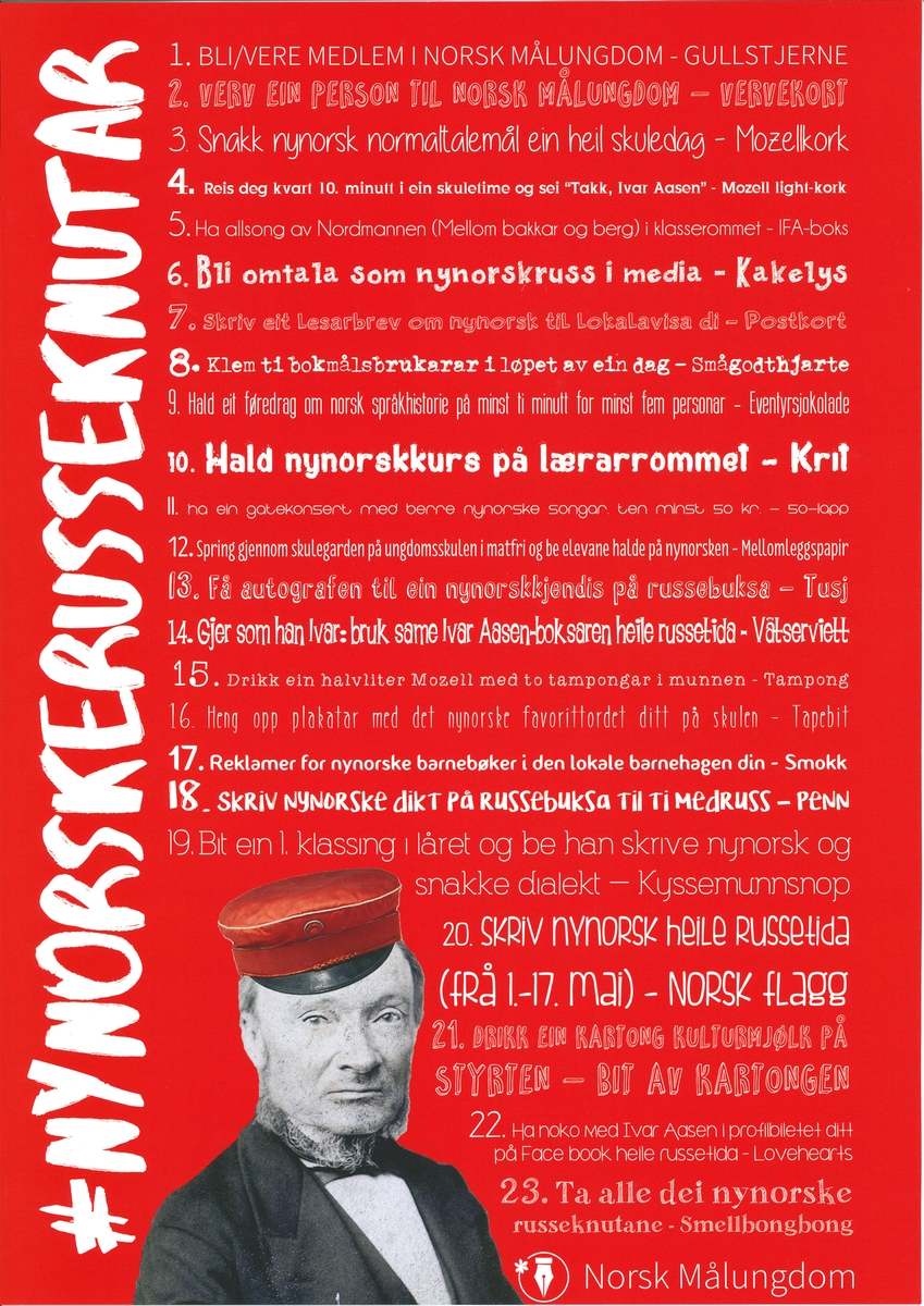 Plakat frå samlinga til Norsk Målungdom med overskrifta "#nynorskerusseknutar"