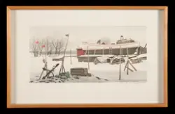 Upplagd klinkbyggd fiskebåt, vinterbild