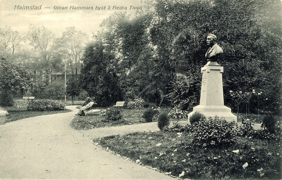 Vykort, "Halmstad - Göran Hammars byst å Nedra Tivoli". Bysten står på en hög sockel vid sidan av grusgången. År 1858 köpte Göran Hammar och ett antal andra medborgare området norr om stadsmuren med nöjesetablissemanget Tivoli för att rädda det. Det var gästgivaren A J Sjögren som köpt marken 1843 och där anlagt restaurang, lusthus och kägel- och dansbana. På 1860-talet köptes Tivoli av det av staden ägda Halmstads utskänkningsbolag som fortsatte att utveckla området. Det utvidgades 1865 upp till Badhusgatan, en sommarrestaurang byggdes på Norra bastionen och vid Nedre Tivoli tillkom Rotundan. Stadsträdgårdsmästarna Andreas Larsson och därefter Jac Ericson utformade parken från 1866 och framåt.