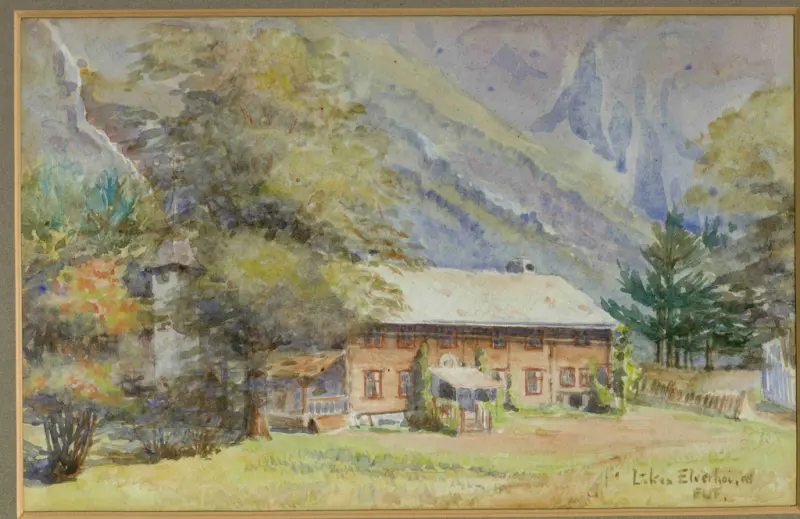 Aquarell fra ca 1909 malt av Fru Wilson Wox som viser Leikvin med hage slik det så ut den gangen.
