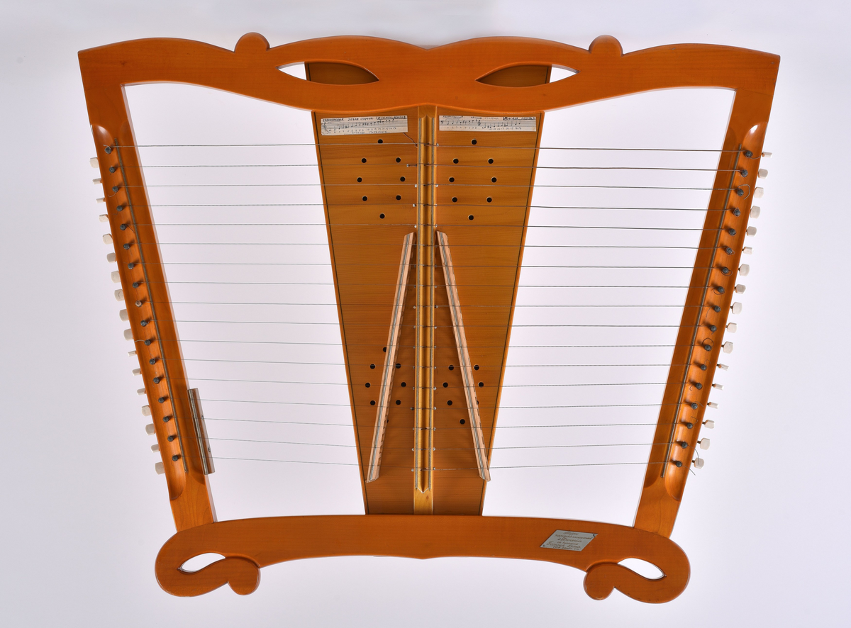 Strengeinstrument som knipses. Består av en trapesformet ramme av lønn med klangkorpus. likeledes trapesformet i senter av rammen. Klangbunn av gran med lydhull i form av små hull plassert i fire ovaler. Anhengslist langs midten av klangbunnen.
2 X 17 strenger, 17 til hver side fra anhengslist mot rammens sider der stemmeskruene befinner seg.