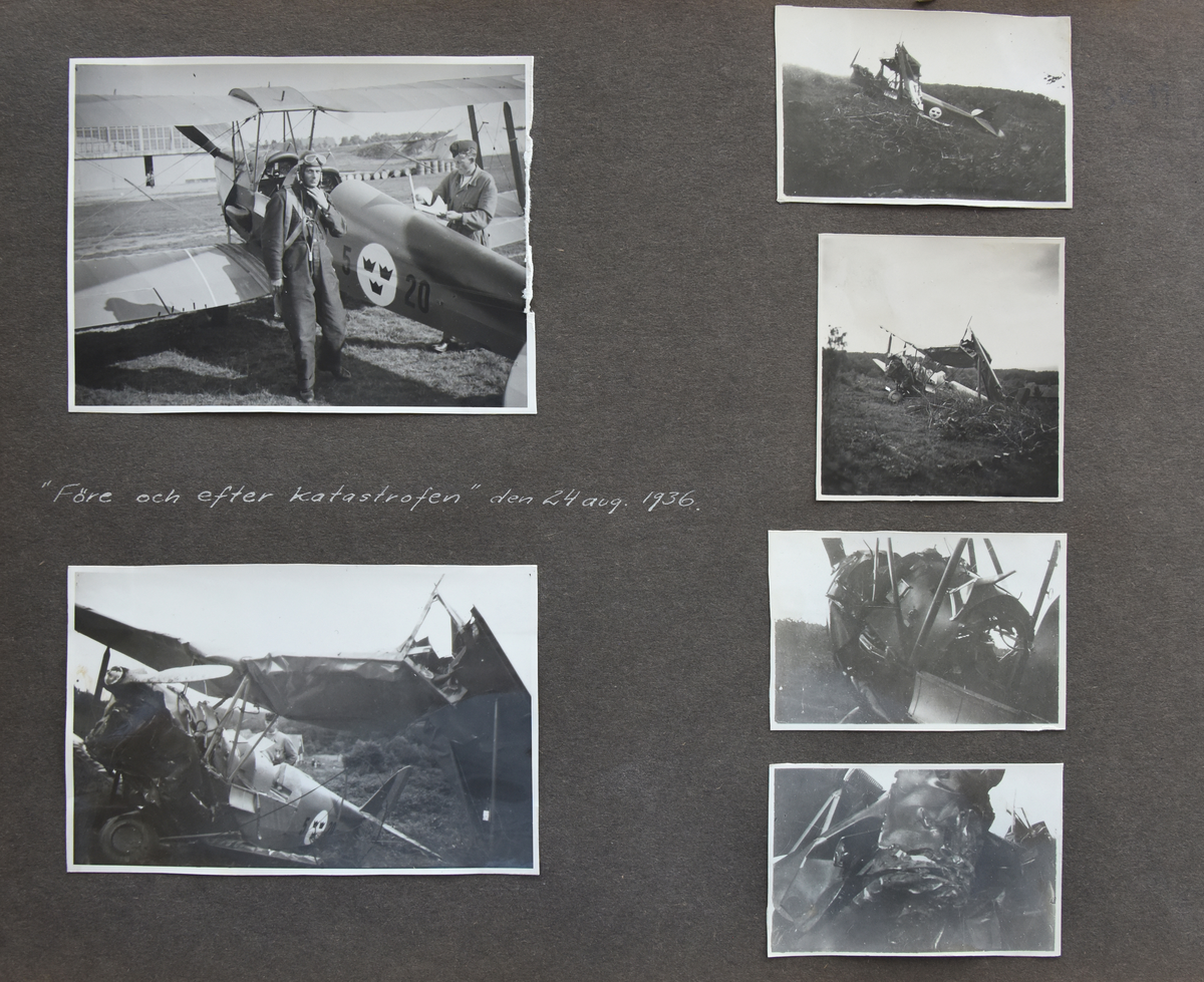 Militäre flygaren Nils Olof Sefeldt (Svensson) vid flygplan Sk 11 märkt F 5 - 20 inför flygning den 24 augusti 1936. En flygtekniker i arbete med flygplanet.

Text vid foto: "Före och efter katastrofen den 24 aug. 1936."