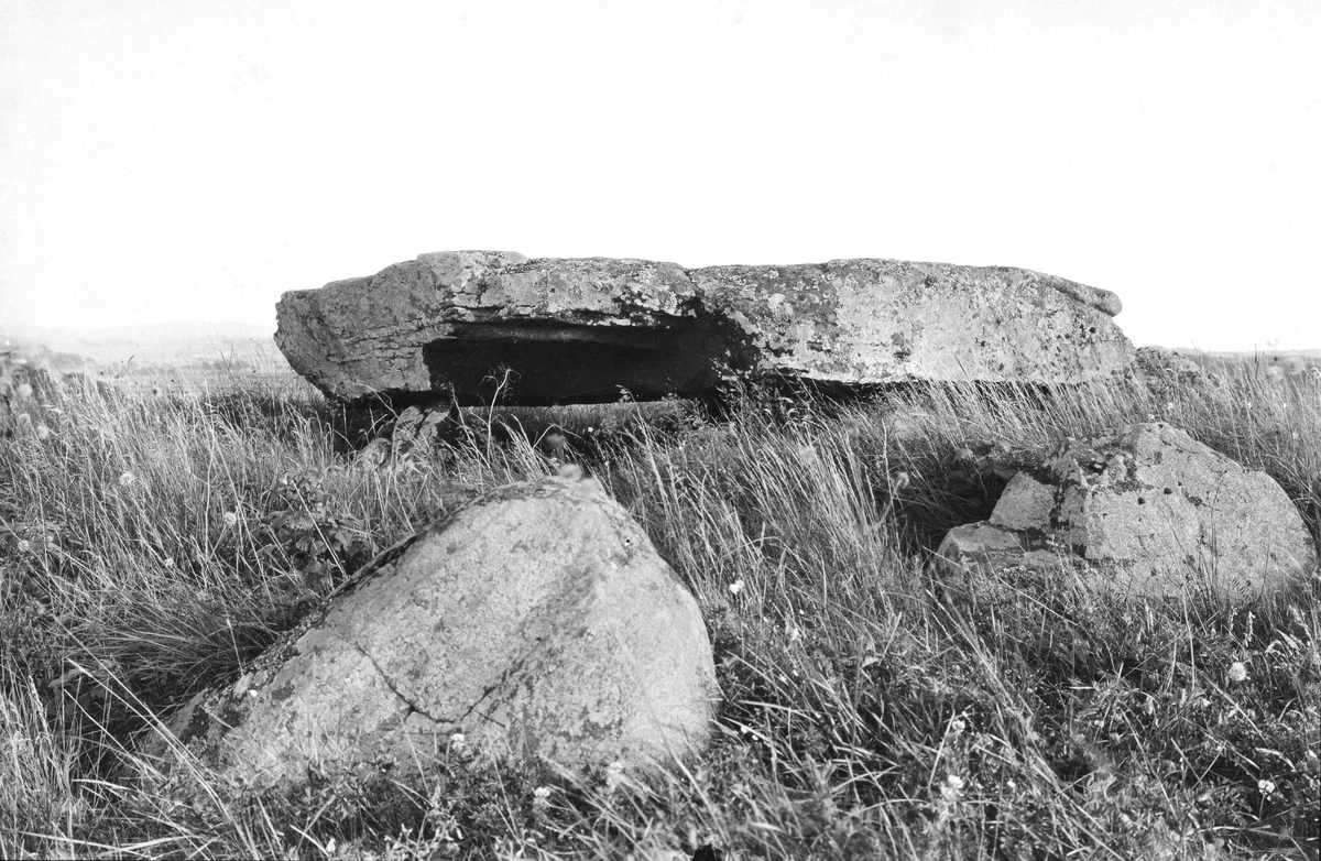 Dös, storstensgrav, en runddös från yngre stenåldern och den enda dös i Halland med bevarad takhäll. Publicerad i boken "Halland - Färdvägar och vandringsstigar", 1931, av Mårten Sjöbeck. Bildtext: "Dösen vid Klastorp, öster om Varberg utgör ett av Hallands mest imponerande gravmonument från stenåldern. I fonden synes stor-radioanläggningen vid Grimeton."