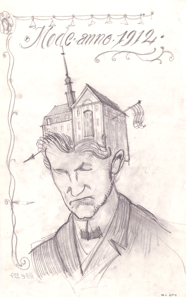 Skämtsamma teckningar/skisser. Kariakatyrer och fantasifulla stadsperspektiv m.m.