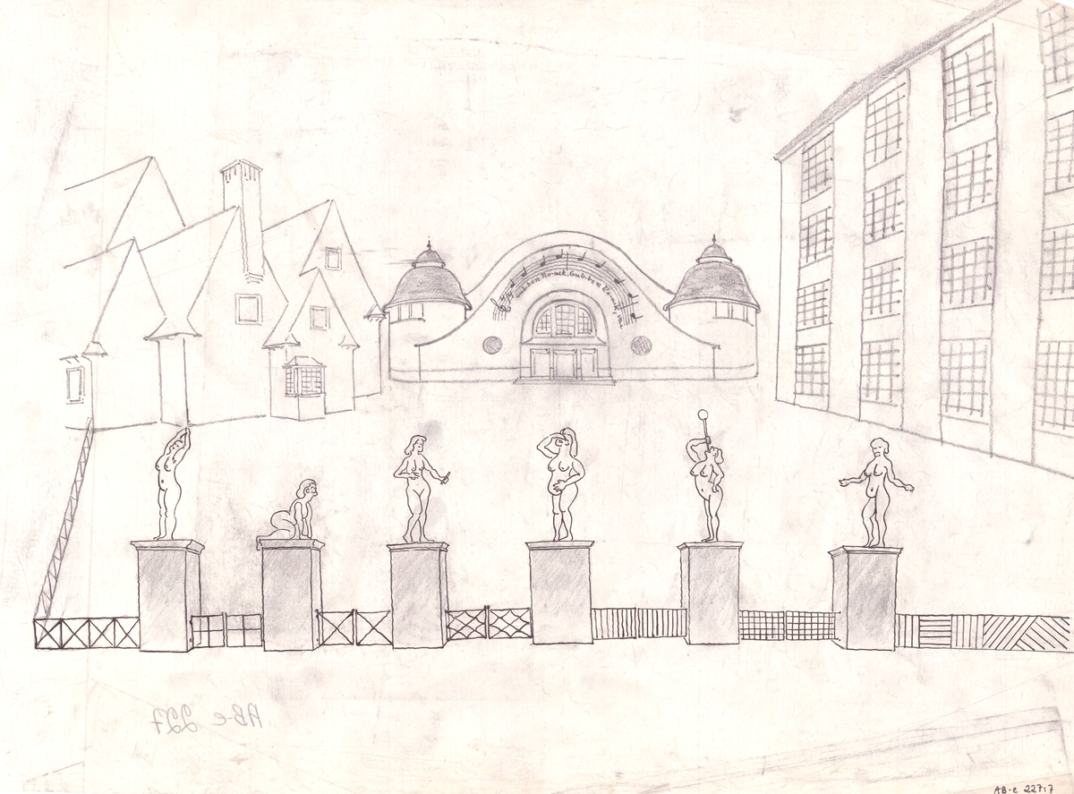 Skämtsamma teckningar/skisser. Kariakatyrer och fantasifulla stadsperspektiv m.m.