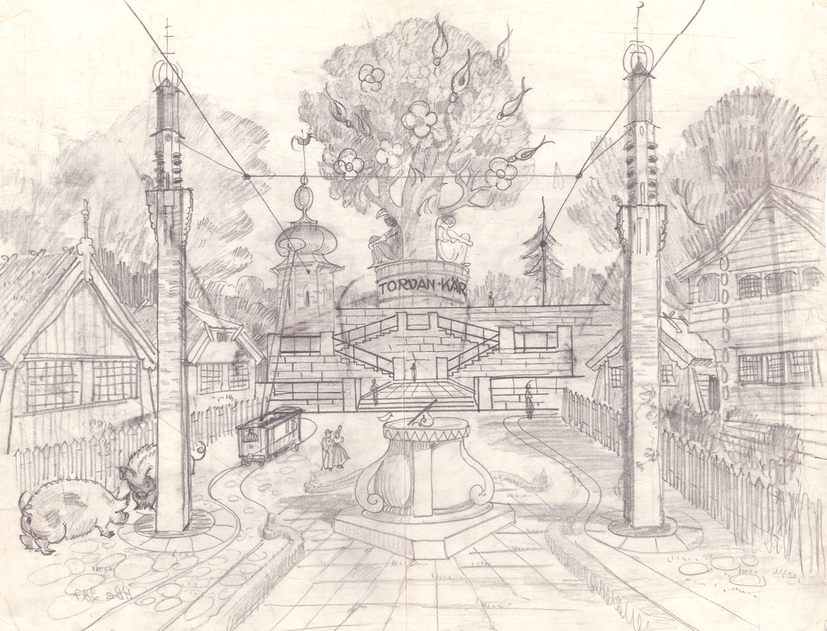 Skämtsamma teckningar/skisser. Kariakatyrer och fantasifulla stadsperspektiv m.m.