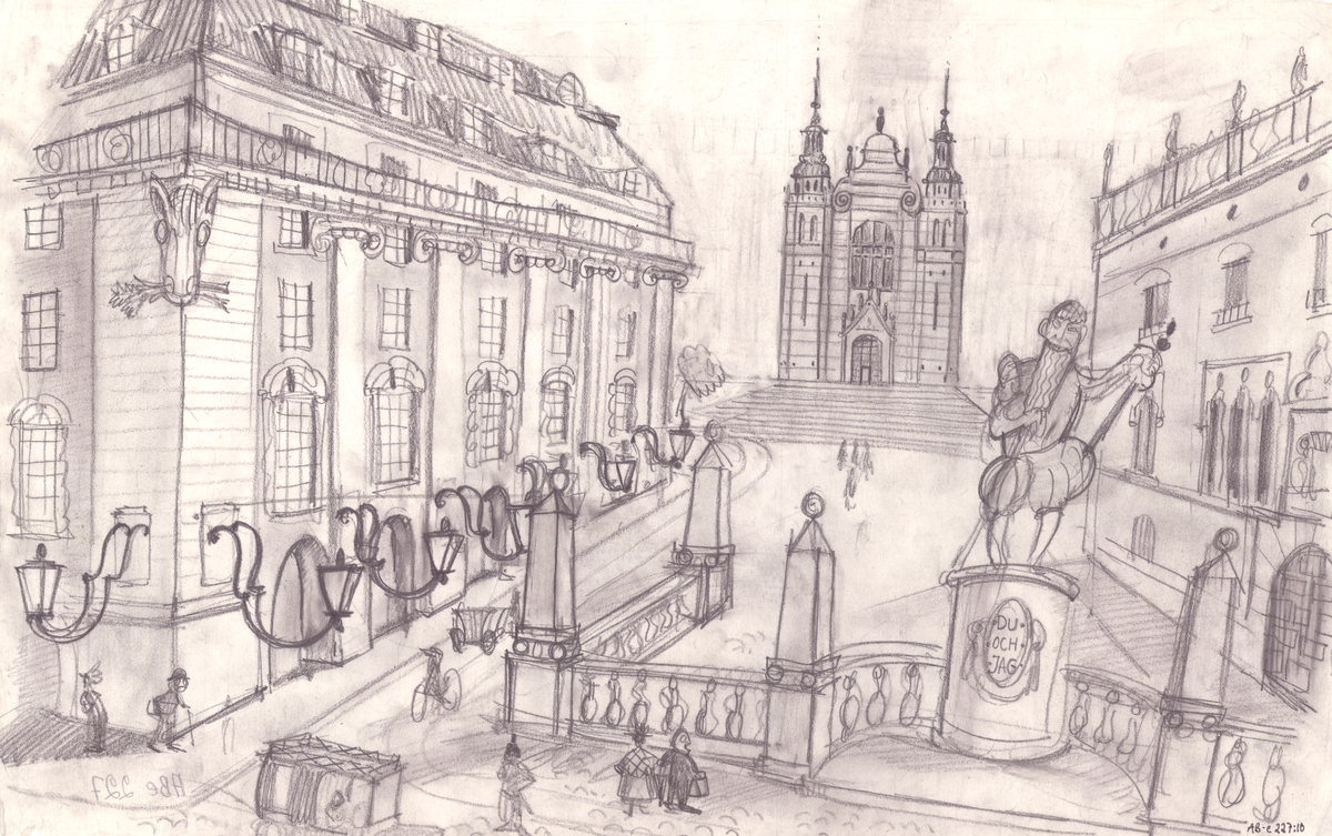 Skämtsamma teckningar/skisser. Kariakatyrer och fantasifulla stadsperspektiv m.m.