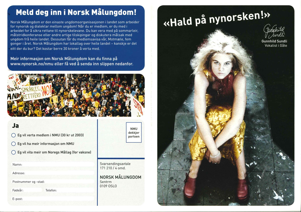 Flygeblad frå samlinga til Norsk Målungdom med overskrifta "Hald på nynorsken!" med bilete av Gunnhild Sundli