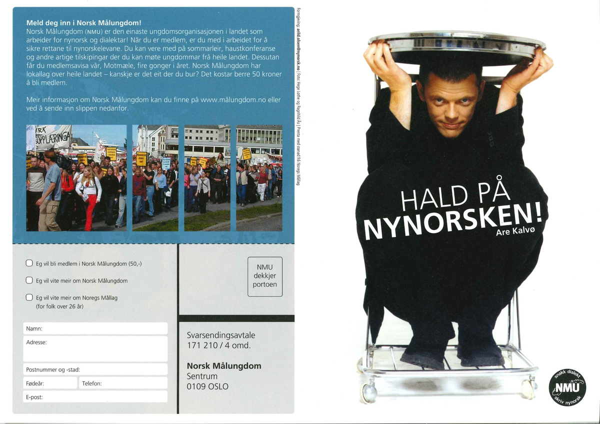Flygeblad frå samlinga til Norsk Målungdom med overskrifta "Hald på nynorsken!" med bilete av Are Kalvø