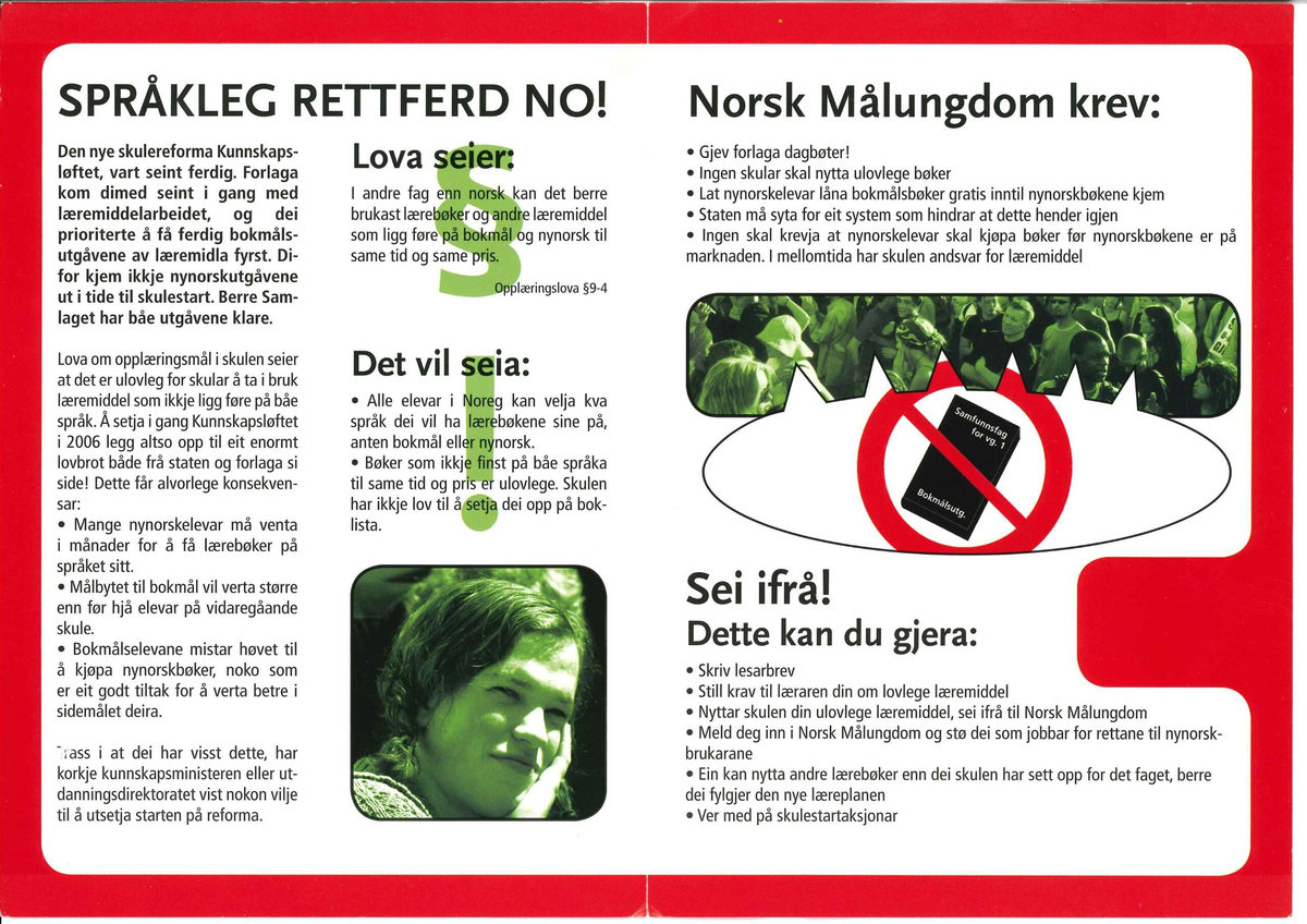 Flygeblad frå samlinga til Norsk Målungdom med overskrifta "Gjev oss lærebøkene våre!"