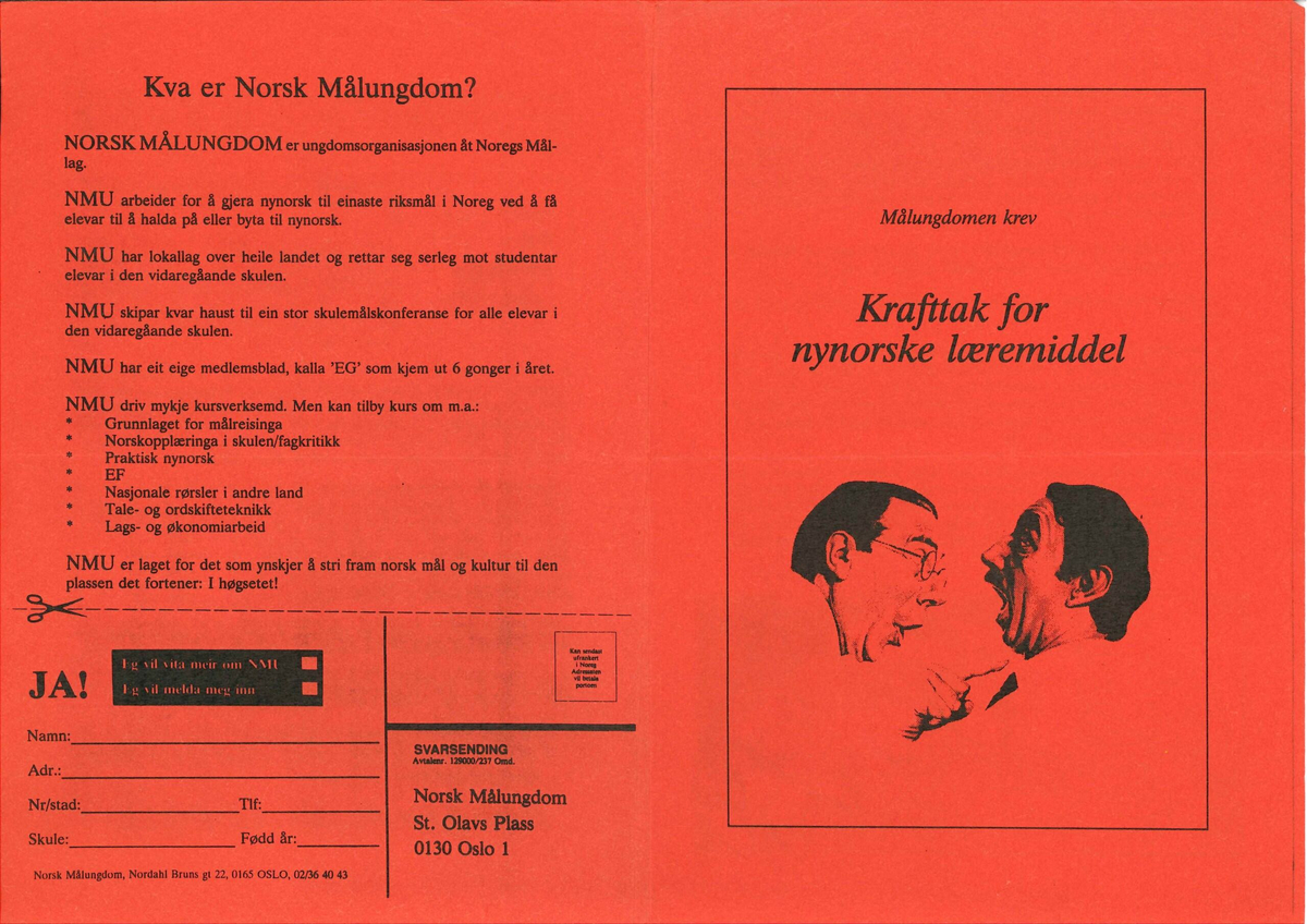 Flygeblad frå samlinga til Norsk Målungdom med overskrifta "Målungdomen krev Krafttak for nynorske læremiddel"