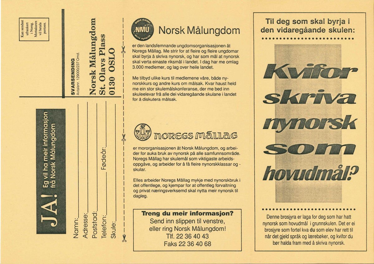 Flygeblad frå samlinga til Norsk Målungdom med overskrifta "Kvifor skriva nynorsk som hovudmål?"